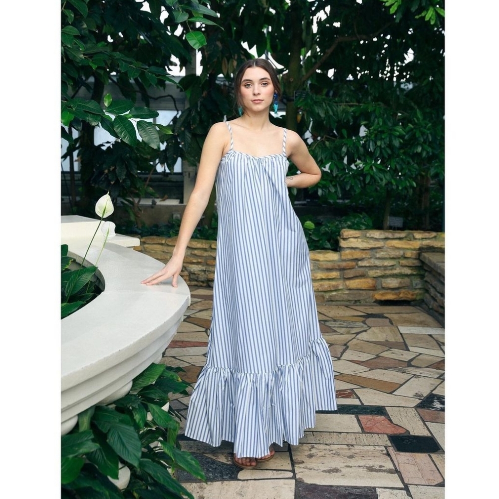 MILLE Sienna maxi dress in Blue Stripe cotton poplin, size L, NWOT